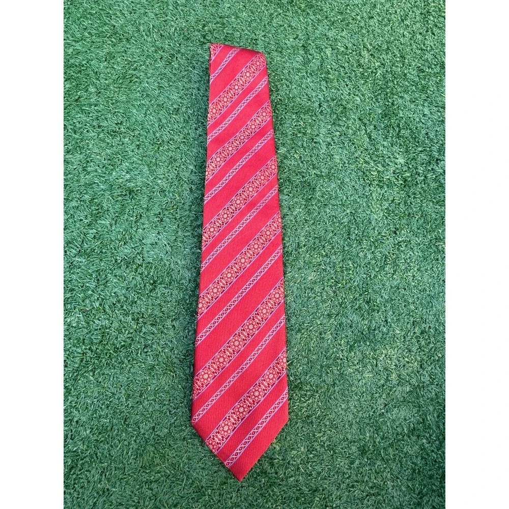 Canali Mens Red Silk Geometric Floral Striped Necktie Made in Italy‎